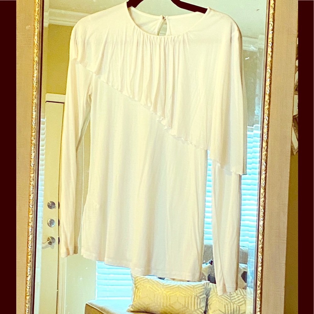 White bcbgmaxazria long sleeve ruffle shirt